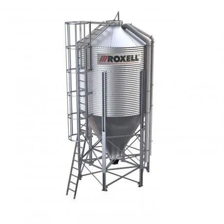 Metal feed bin silo with ladder and safety cage, labeled Roxell.
