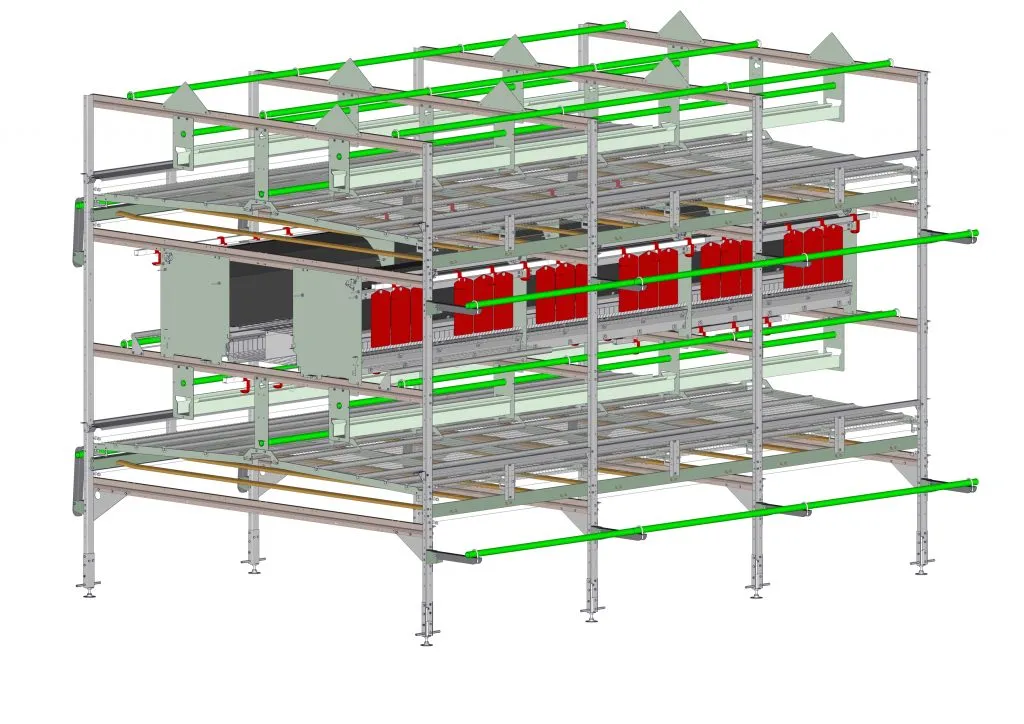 3D model of a multi-tier industrial metal rack system with red containers and green pipes.