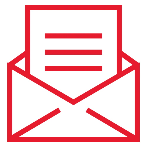 Red outline icon of an open envelope with a letter inside showing two horizontal lines.