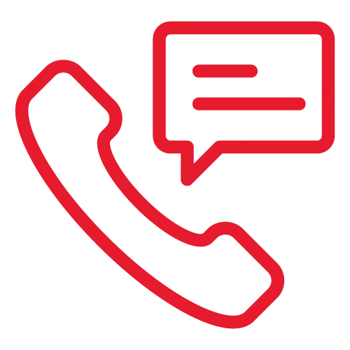 Red phone handset icon with a speech bubble symbolizing a phone call or message.