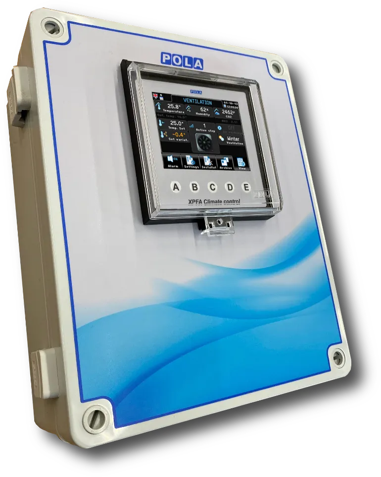 POLA XPFA Climate control device with ventilation settings shown on a digital display and control buttons A to E.