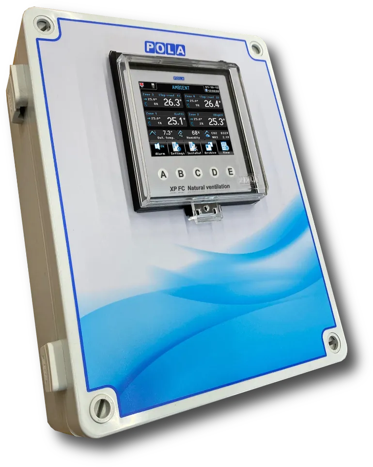 POLA XP FC natural ventilation control panel with a digital display showing temperature and humidity readings.
