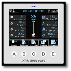 Digital display of XP51 bird scale showing average weight 36 grams and other measurement statistics.