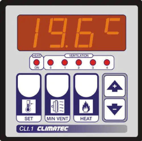 Climate control panel showing temperature 19.6°C with ventilation and heat settings and up/down arrow buttons.