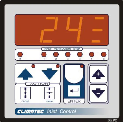 Climatec Inlet Control panel with numeric display showing 243 and buttons for input, ventilation, and action controls.