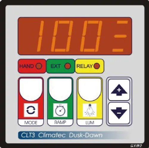Control panel display showing 100 with buttons labeled HAND, EXT, RELAY, MODE, RAMP, LUM, and arrow keys.