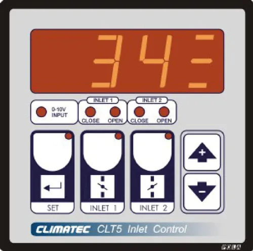 Climatec CLT5 Inlet Control panel showing digital display reading 34, control buttons, and indicator lights.