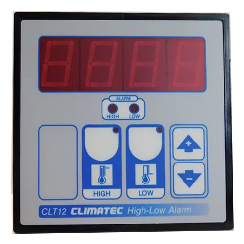 Climatec CLT12 device panel with digital display and high-low temperature alarm indicators and control buttons.
