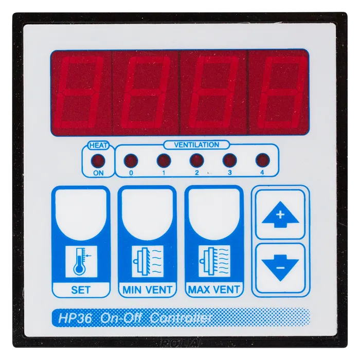 HP36 On-Off controller with red digital display, buttons for heat, ventilation levels, and temperature adjustment.
