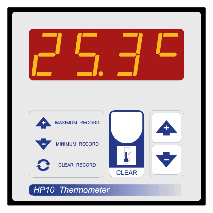 HP10 digital thermometer displaying 25.3 degrees Celsius with buttons for maximum, minimum, and clear record.