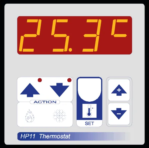 HP11 Thermostat display showing temperature 25.3°C with control buttons for action and set.