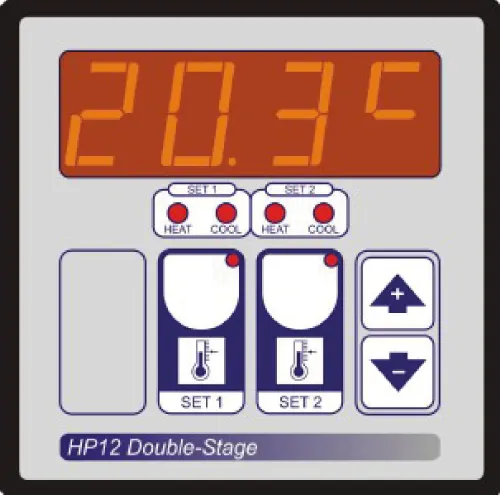 Digital thermostat display showing 20.3 degrees with controls for heat and cool settings.