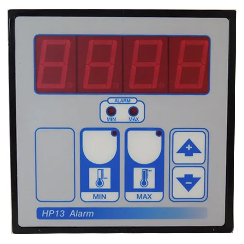 HP13 Alarm device panel with four-digit red LED display, min and max temperature indicators, and up/down buttons.