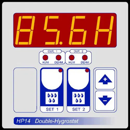 HP14 Double-Hygrostat device display showing 85.6H with control buttons and humidity indicators.