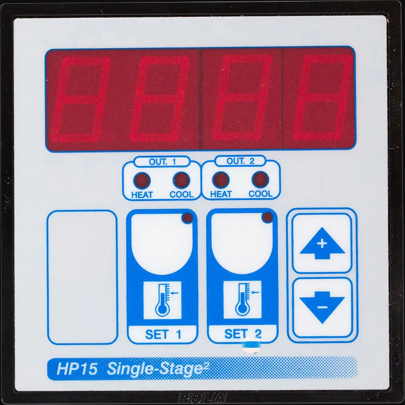 Digital HP15 Single-Stage thermostat interface with heat and cool indicators, dual zone temperature settings.