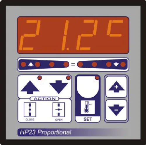 Control panel display showing 21.2 degrees Celsius with buttons for action, set, and up/down adjustments.
