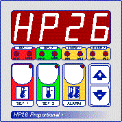 Digital display reading HP26 with four colored control panels below and three labeled buttons underneath.