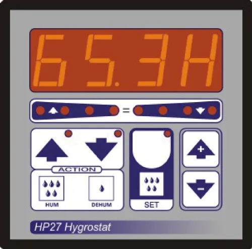 HP27 Hygrostat digital control panel showing humidity level and settings for humidity and dehumidification.