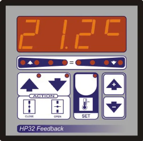 Digital control panel displaying temperature 21.2°C with buttons for actions and settings on HP32 Feedback device.