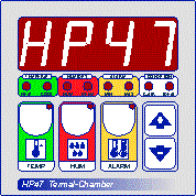 Interface of HP47 device with temperature, humidity, and pressure icons plus up and down arrow buttons.