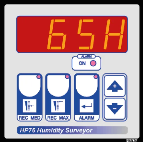 Digital humidity surveyor device display showing 65H with alarm on indicator and control buttons.