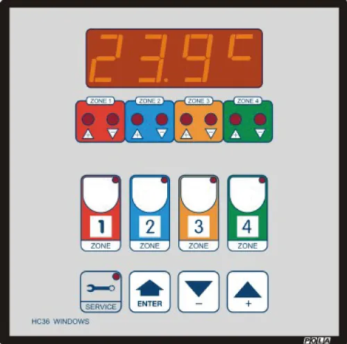 Control panel display showing temperature 23.9°C with colored zone controls and navigation buttons.