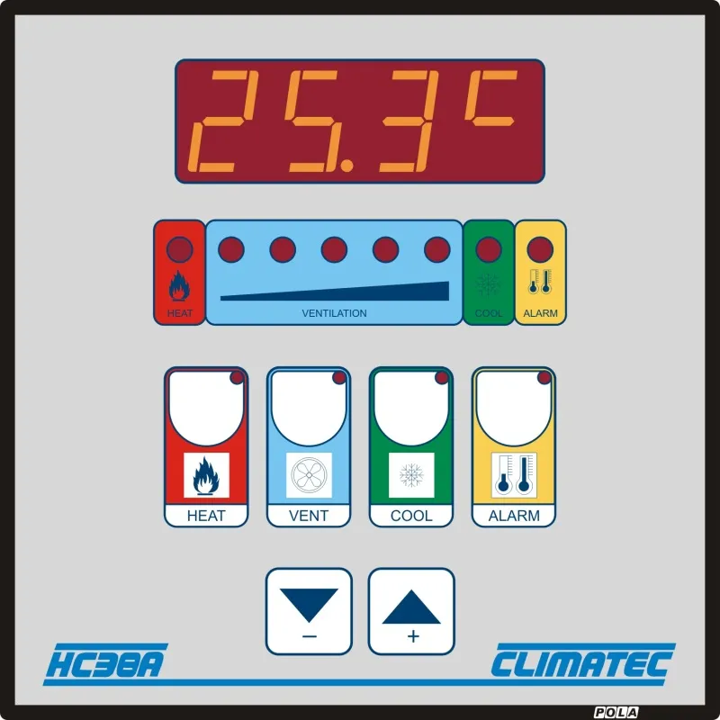 Digital thermostat display showing 25.3 degrees Celsius with controls for heat, ventilation, cool, and alarm.
