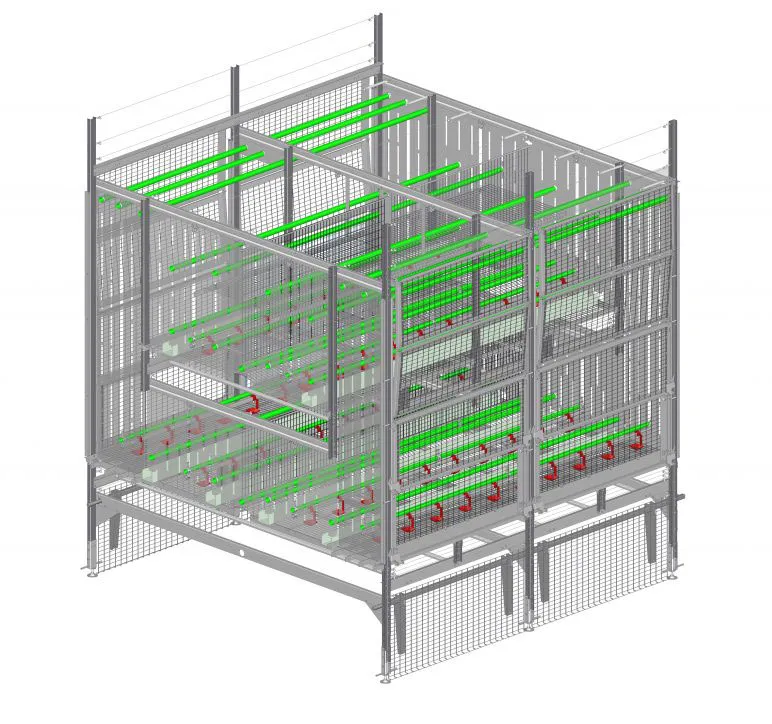 3D model of a multi-level metal aviary cage with green perches and red feeding components.