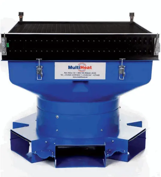 Blue industrial machine part with a black top and multiple outlets at the base.