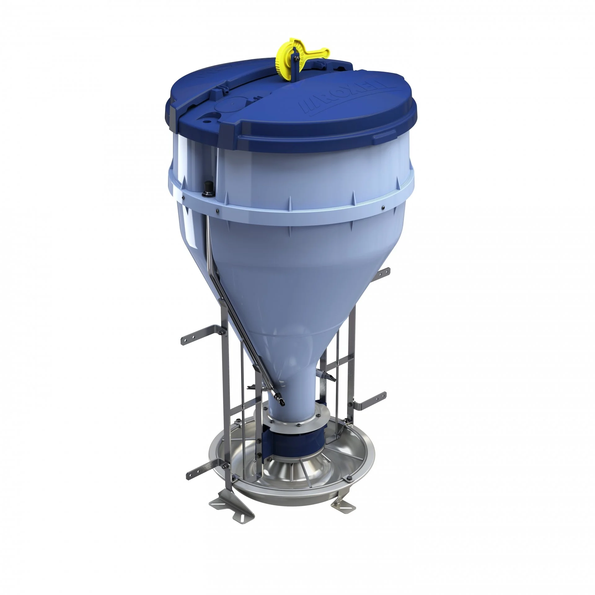 Blue and silver industrial feeder with yellow handle on top, cylindrical with conical bottom and metal frame.