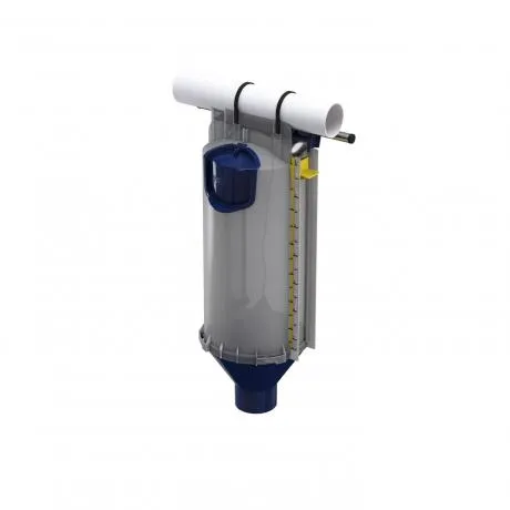 Gray and blue cylindrical Dos7 dispenser with a top white pipe and a vertical gauge on the side.