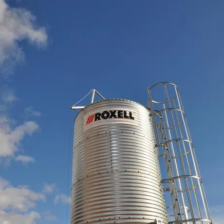Tall silver metal grain silo with Roxell logo against a partly cloudy blue sky.