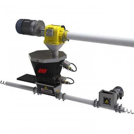 Industrial screw conveyor system with electric motors and a yellow gearbox on a white background.