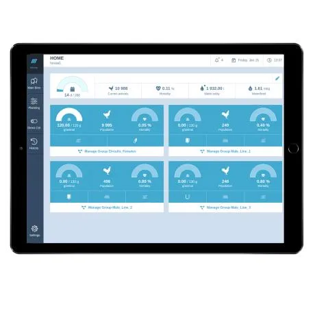 Tablet screen showing a poultry feeder controller dashboard with various data panels and controls.