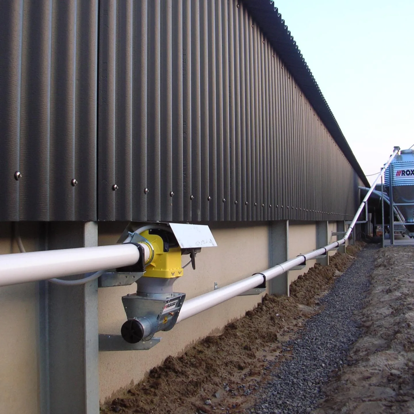 Long white feed auger conveyor system attached along the side of an agricultural building.