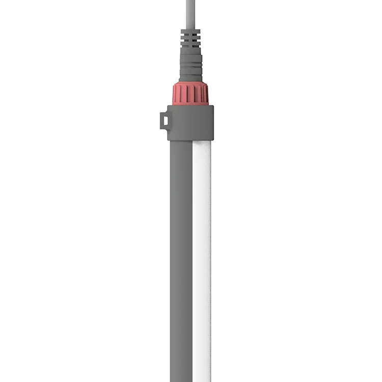 Close-up of a gray and white industrial sensor with red connector and attached cable.