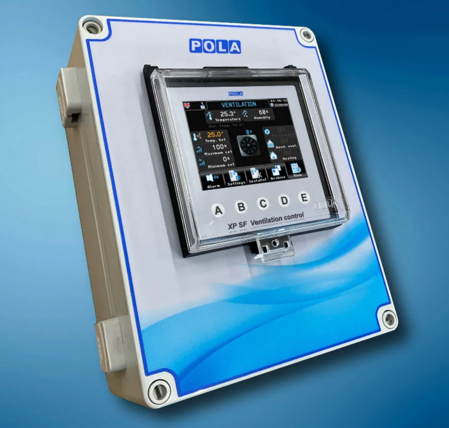 POLA XP SF ventilation control device with digital display and buttons labeled A to E.