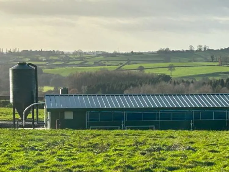 Metal-roofed agricultural building and silo in a green field with rolling hills in the background.