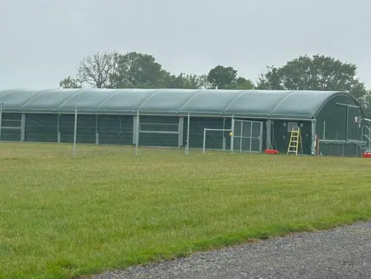 Long green industrial greenhouse structure with a rounded roof on a grassy field.