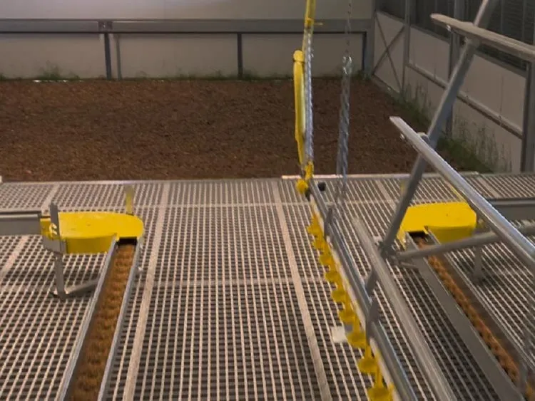 Industrial conveyor system with metal grating floor and yellow machinery components inside a facility.