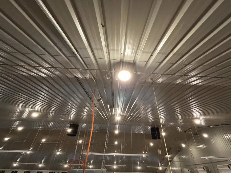 Metal ceiling with multiple hanging cables, lights, and ventilation ducts inside a large industrial building.