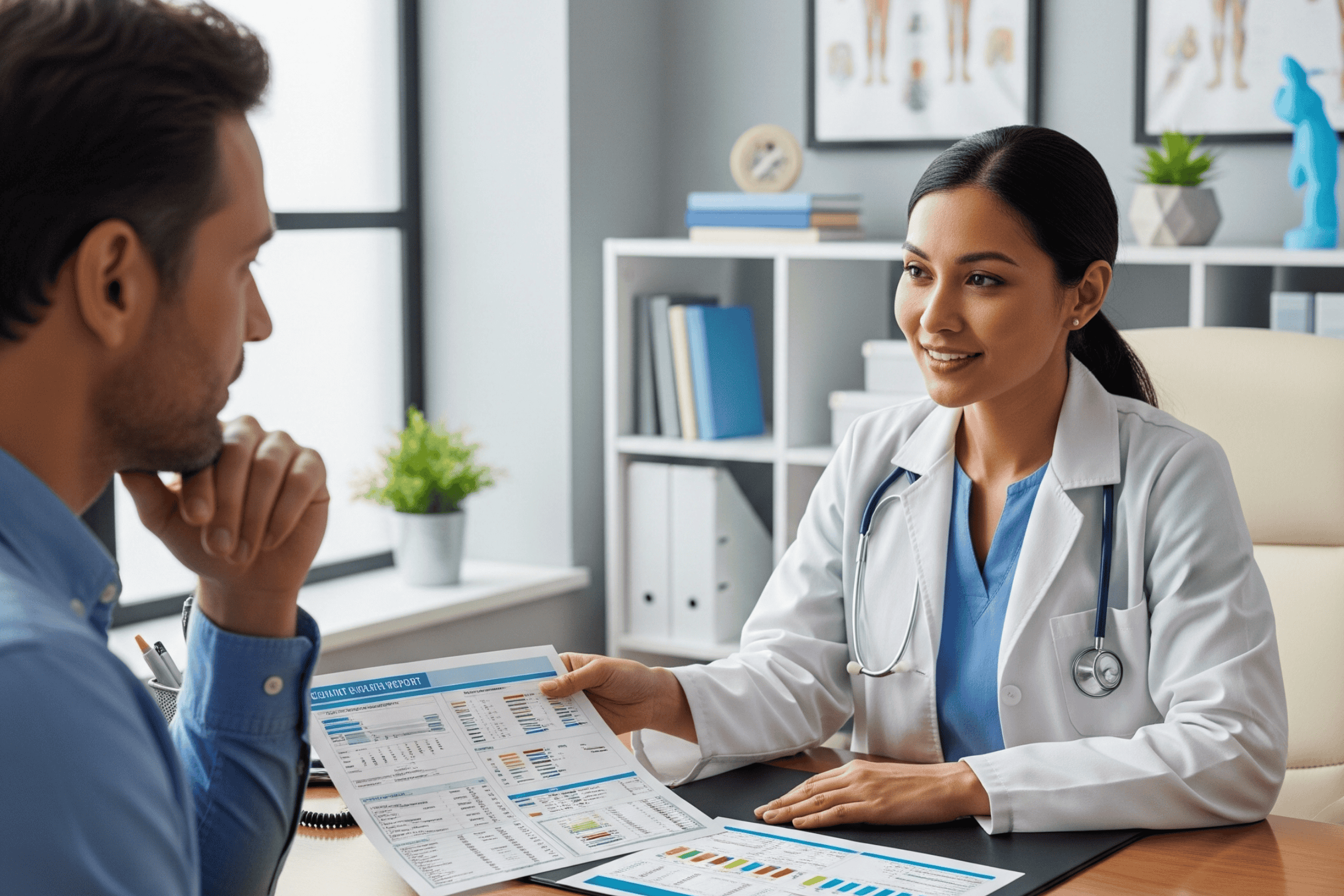 A professional doctor in a white coat sitting at a desk with a patient in a clean, modern medical office.
