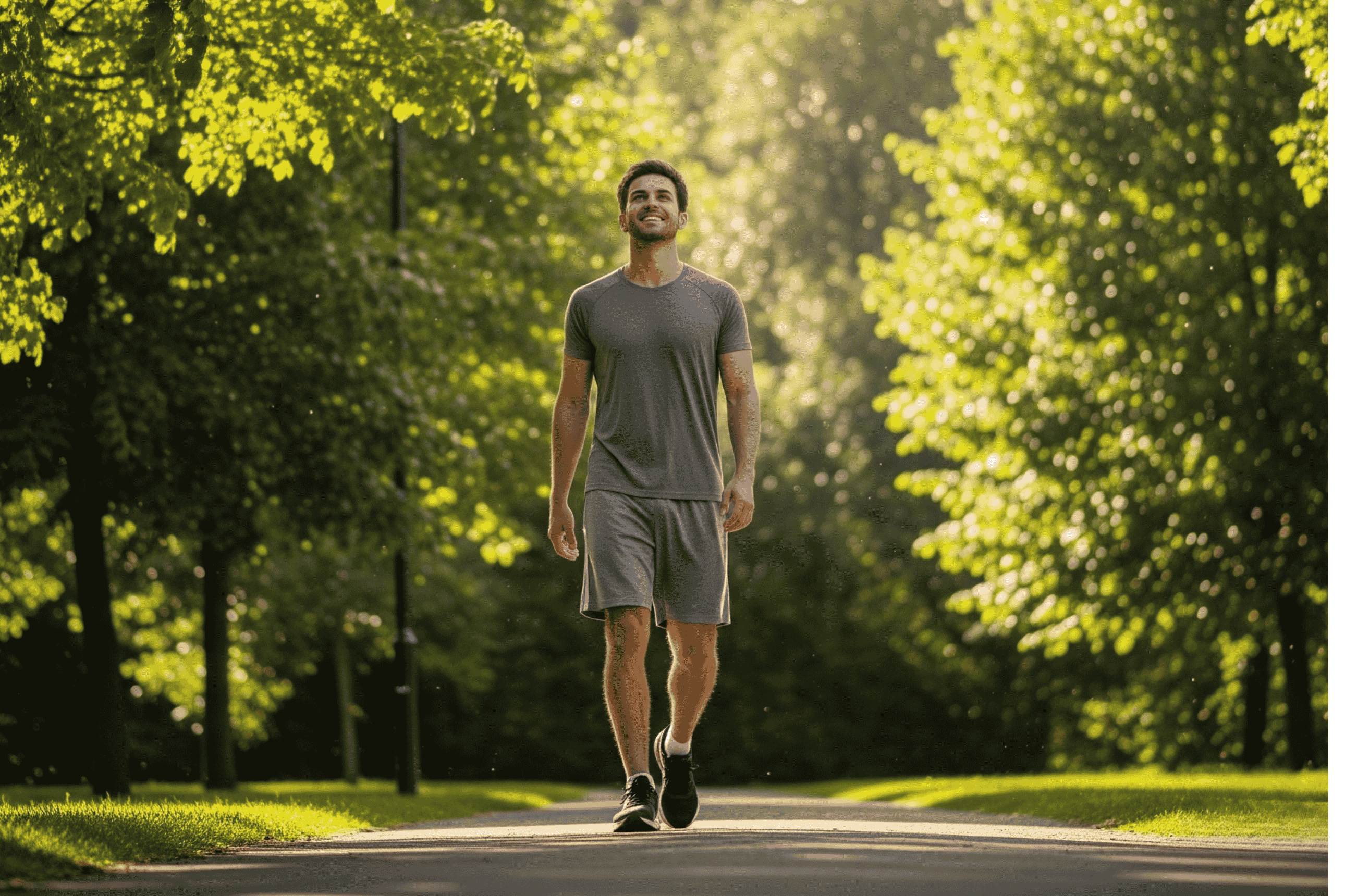 Outdoor scene showing a healthy, confident young adult standing or walking in a peaceful park