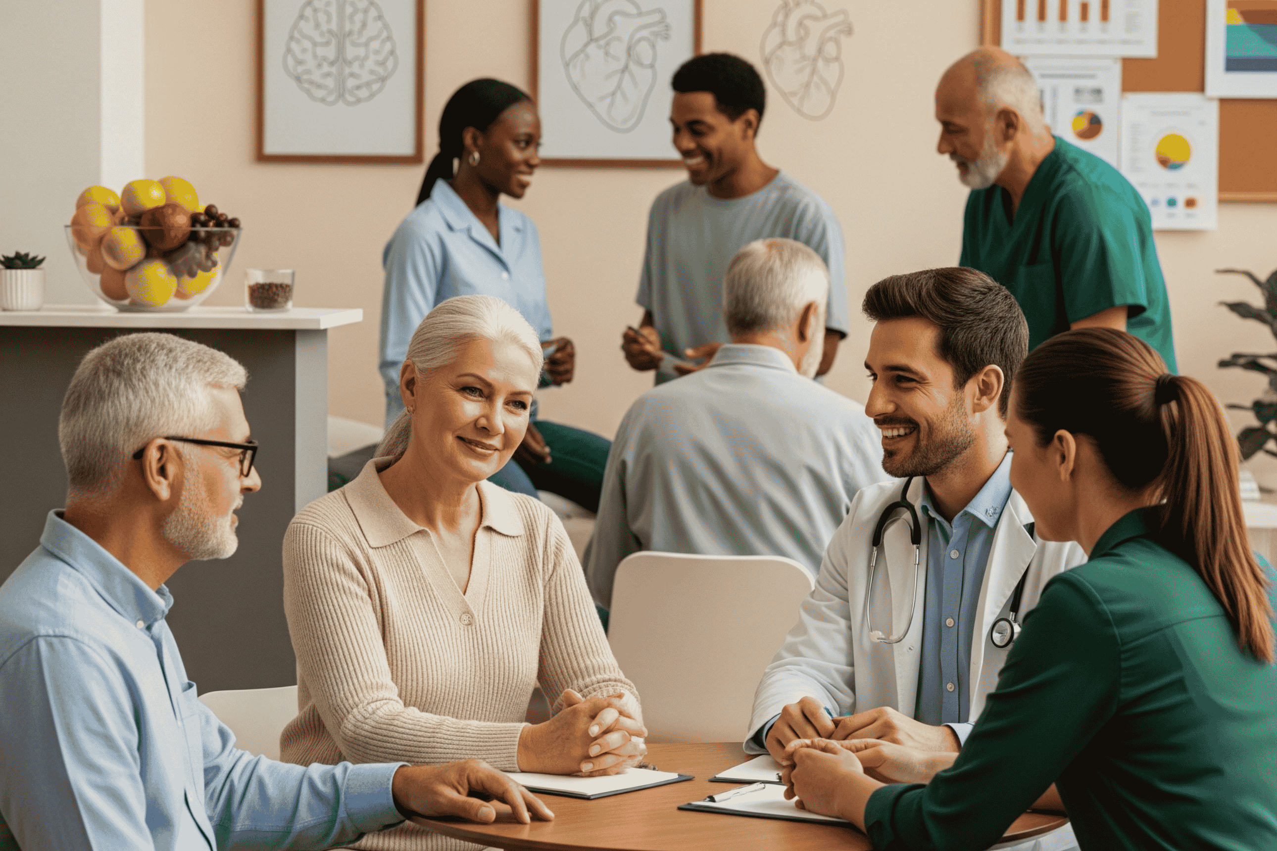 A realistic, warm-toned medical or wellness setting. A diverse group of people of various ages in calm, everyday clothing interact with healthcare professionals in informal, caring conversations.