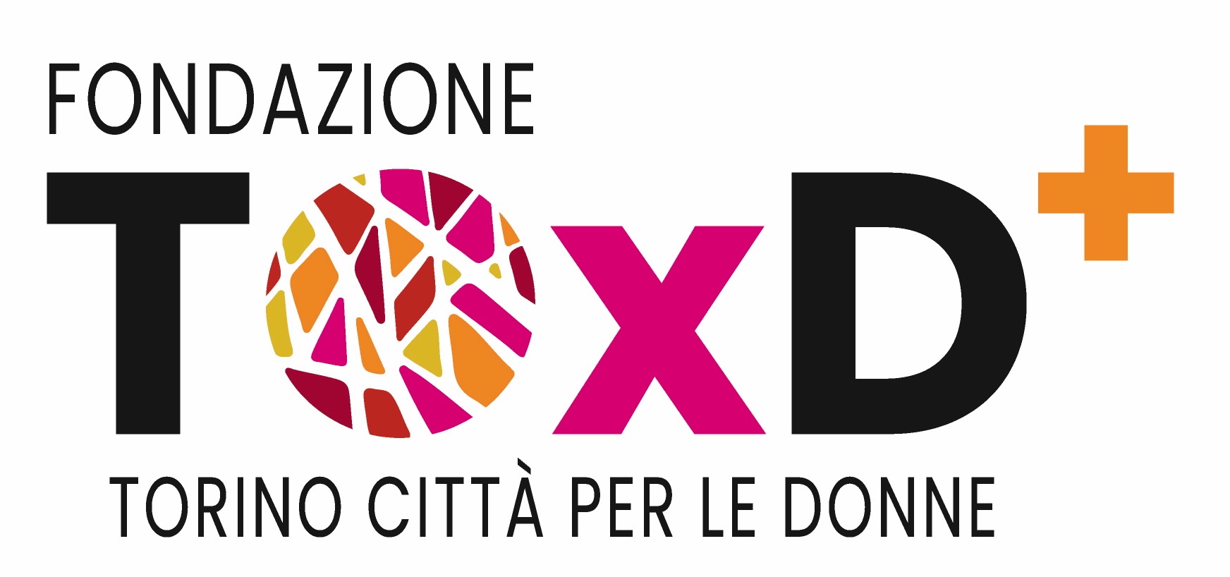 Logo for TOxD with colorful mosaic circle for O, pink X, black T and D, and an orange plus sign, with text 'TORINO CITTÀ PER LE DONNE' below.
