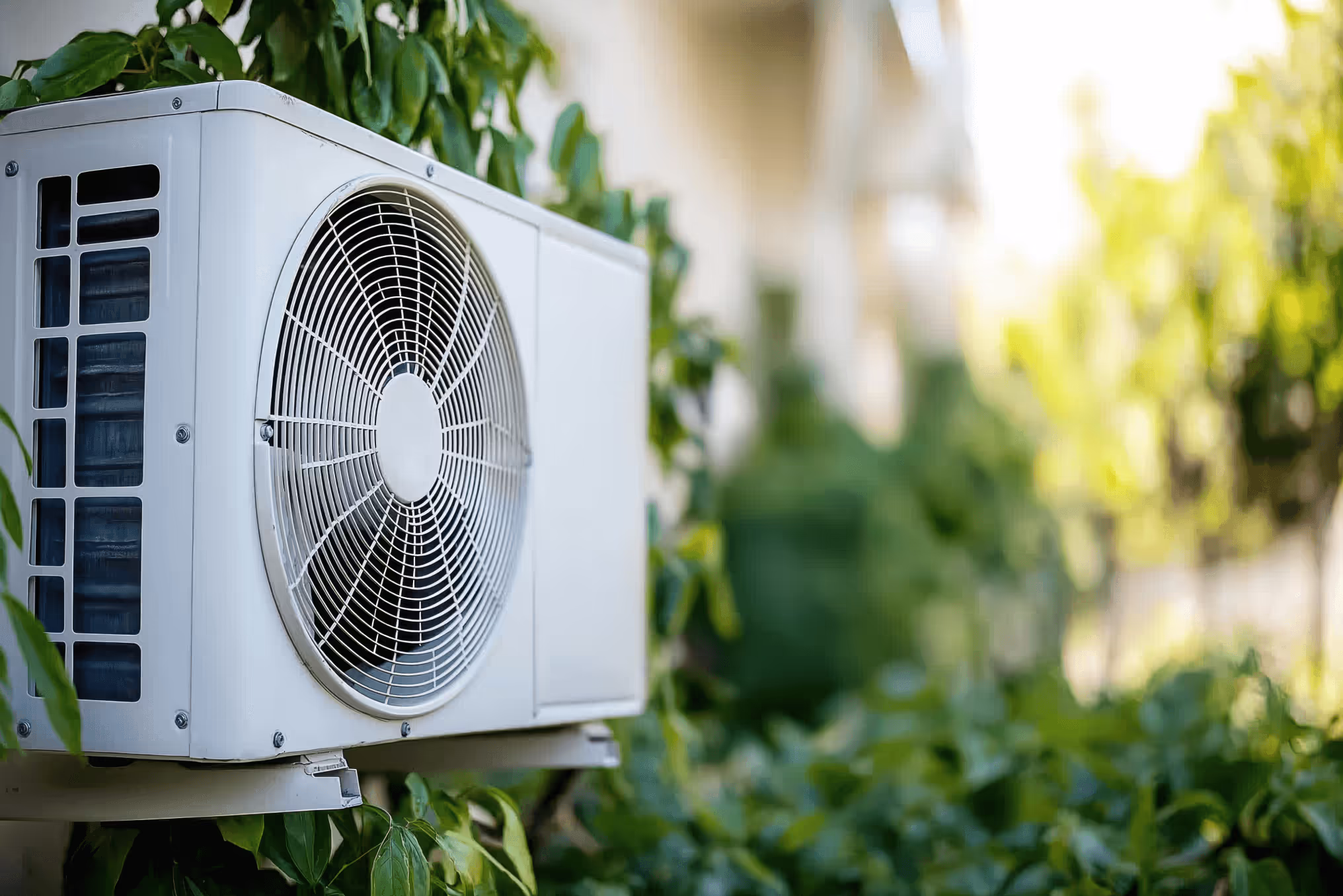 Außenansicht einer Klimaanlage im Grünen.