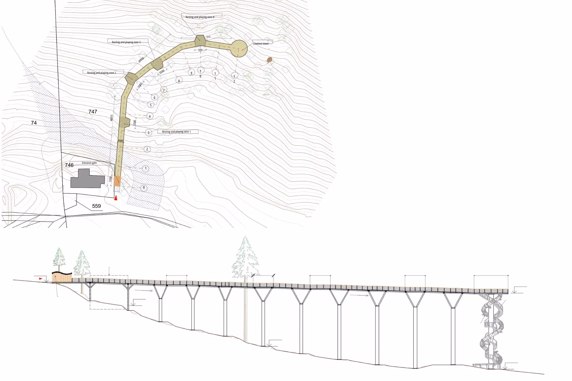 Treetop walkway with viewing tower
