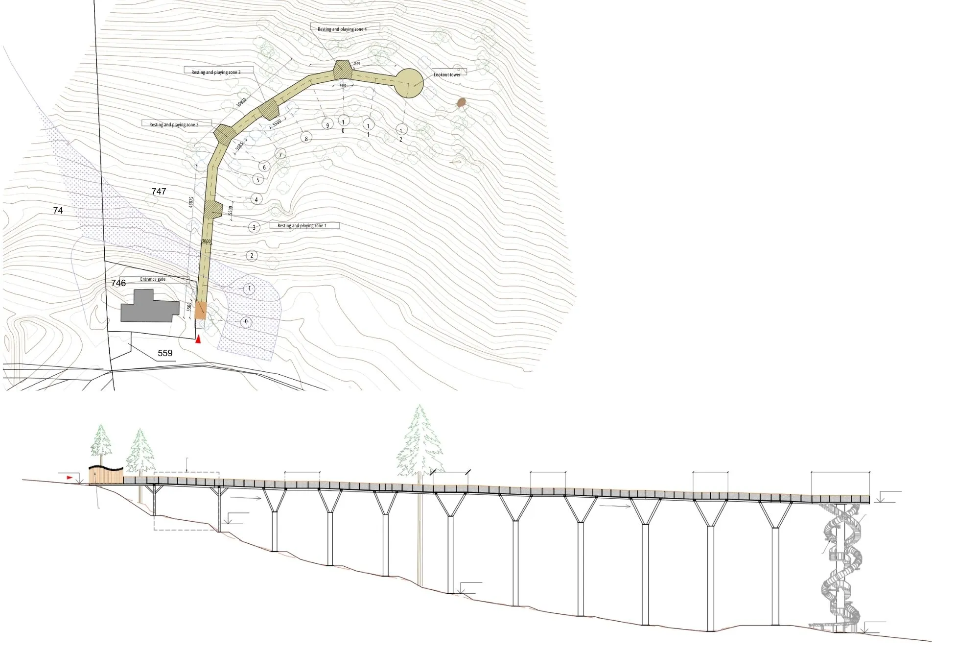 Treetop walkway with viewing tower