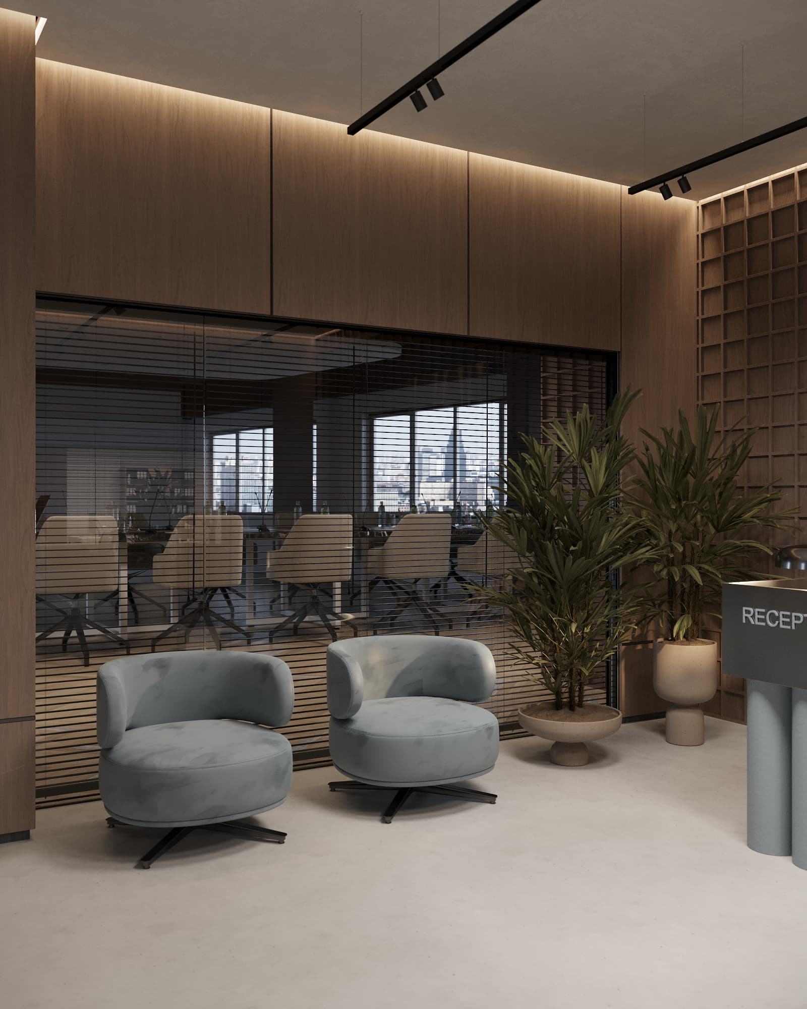 Office waiting area with modern blue velvet armchairs, indoor plants, and wood-paneled conference room backdrop