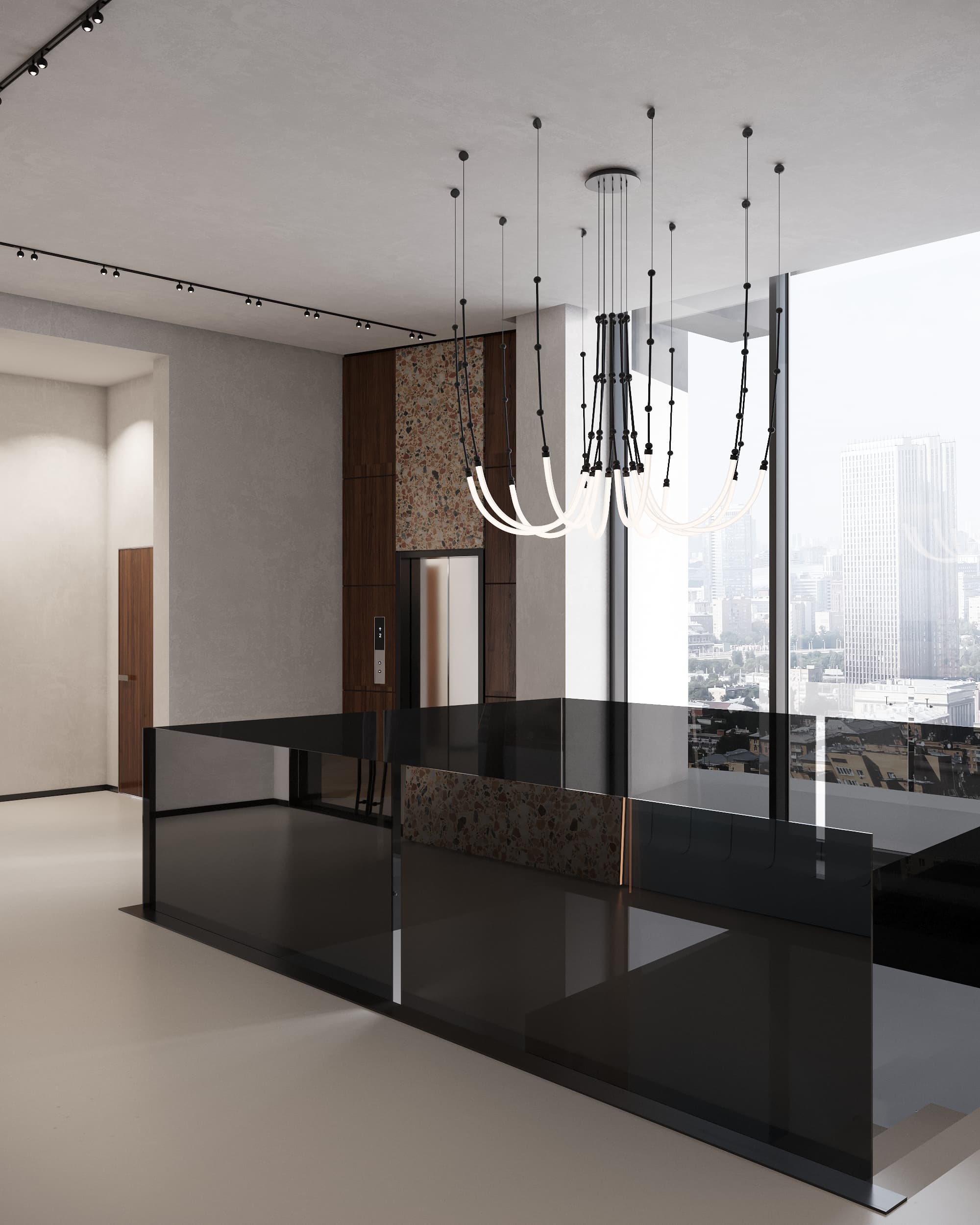 Elegant office entryway with black glass railing, terrazzo detail, and panoramic city view through full-height windows